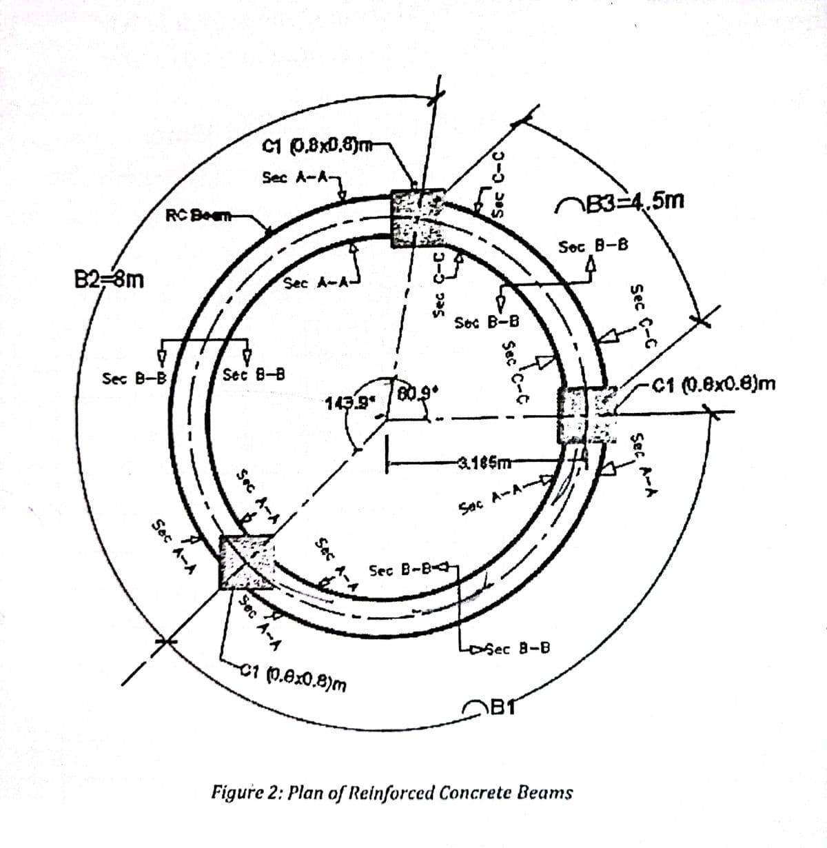 B2-8m
RC Beam
Sec B-B
Sec A-A
Sec A-A
C1 (0,8x0.8)m
Sec A-A-
Sec 8-B
A
Sec A-A-
143.9*
Sec A-A
Sec A-
Sec B-B
Sec C-C
Sec C-C
Soc B-B
Sec
Sec C-C
-3.185m
Sac A-A-D
83=4.5m
Sec B-B
-Sec 8-8
C1 (0,8x0,8)m
DBT
Figure 2: Plan of Reinforced Concrete Beams
Sec A-A
-C1 (0.8x0.8)m