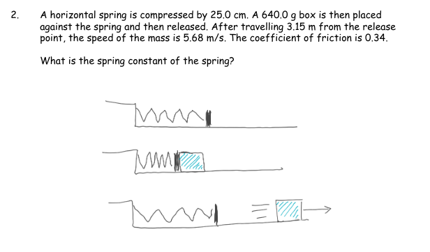 N
2.
A horizontal spring is compressed by 25.0 cm. A 640.0 g box is then placed
against the spring and then released. After travelling 3.15 m from the release
point, the speed of the mass is 5.68 m/s. The coefficient of friction is 0.34.
What is the spring constant of the spring?
mi
Tum
Tm
=