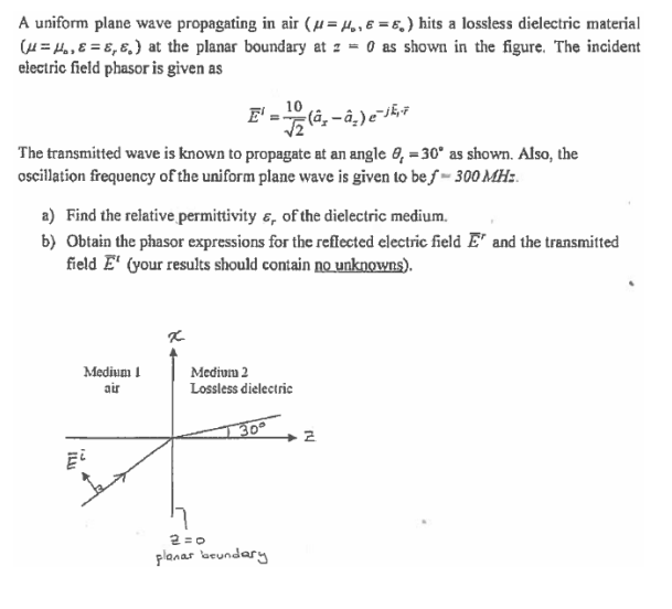 A uniform plane wave propagating in air (µ = H., € = 6,) hits a lossless dielectric material
(4 = H,, 8 = 8,8,) at the planar boundary at z = 0 as shown in the figure. The incident
electric field phasor is given as
10
E'
The transmitted wave is known to propagate at an angle 0, = 30° as shown. Also, the
oscillation frequency of the uniform plane wave is given to be f = 300 MH:.
a) Find the relative permittivity 6, of the dielectric medium.
b) Obtain the phasor expressions for the reflected electric field E" and the transmitted
field E' (your results should contain no unknowns).
Medium I
air
Medium 2
Lossless dielectric
30
2 =0
planas beundary
ILU
