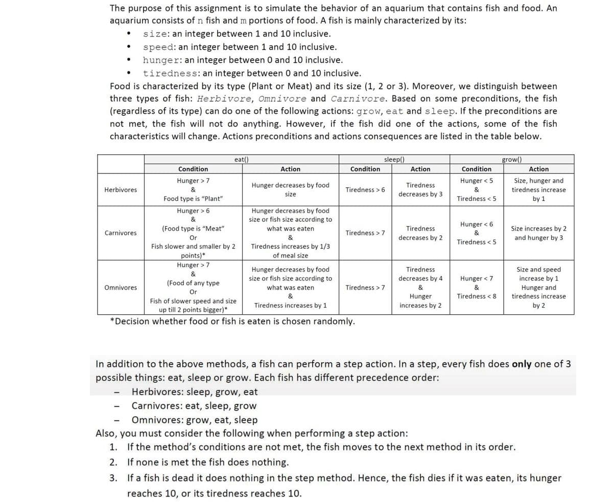 The purpose of this assignment is to simulate the behavior of an aquarium that contains fish and food. An
aquarium consists of n fish and m portions of food. A fish is mainly characterized by its:
size: an integer between 1 and 10 inclusive.
speed: an integer between 1 and 10 inclusive.
hunger: an integer between 0 and 10 inclusive.
tiredness: an integer between 0 and 10 inclusive.
Food is characterized by its type (Plant or Meat) and its size (1, 2 or 3). Moreover, we distinguish between
three types of fish: Herbivore, Omnivore and Carnivore. Based on some preconditions, the fish
(regardless of its type) can do one of the following actions: grow, eat and sleep. If the preconditions are
not met, the fish will not do anything. However, if the fish did one of the actions, some of the fish
characteristics will change. Actions preconditions and actions consequences are listed in the table below.
eat()
sleep()
grow()
Condition
Action
Condition
Action
Condition
Action
Hunger > 7
Hunger < 5
Size, hunger and
Hunger decreases by food
Tiredness
Herbivores
&
Tiredness > 6
&
tiredness increase
size
decreases by 3
Food type is "Plant"
Tiredness < 5
by 1
Hunger decreases by food
size or fish size according to
Hunger > 6
&
Hunger < 6
(Food type is "Meat"
what was eaten
Tiredness
Size increases by 2
Carnivores
Tiredness > 7
&
Or
&
decreases by 2
and hunger by 3
Tiredness < 5
Fish slower and smaller by 2
Tiredness increases by 1/3
points)*
Hunger > 7
of meal size
Hunger decreases by food
size or fish size according to
Tiredness
Size and speed
increase by 1
&
decreases by 4
Hunger < 7
(Food of any type
Hunger and
tiredness increase
Omnivores
what was eaten
Tiredness > 7
&
&
Or
&
Hunger
increases by 2
Tiredness < 8
Fish of slower speed and size
up till 2 points bigger)*
Tiredness increases by 1
by 2
Decision whether food or fish is eaten is chosen randomly.
In addition to the above methods, a fish can perform a step action. In a step, every fish does only one of 3
possible things: eat, sleep or grow. Each fish has different precedence order:
Herbivores: sleep, grow, eat
Carnivores: eat, sleep, grow
Omnivores: grow, eat, sleep
Also, you must consider the following when performing a step action:
1. If the method's conditions are not met, the fish moves to the next method in its order.
2. If none is met the fish does nothing.
If a fish is dead it does nothing in the step method. Hence, the fish dies if it was eaten, its hunger
3.
reaches 10, or its tiredness reaches 10.
