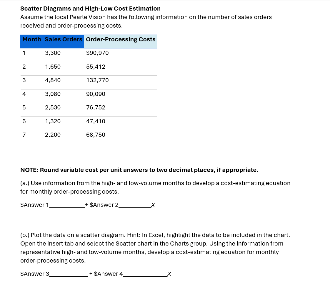 Scatter Diagrams and High-Low Cost Estimation
Assume the local Pearle Vision has the following information on the number of sales orders
received and order-processing costs.
Month Sales Orders Order-Processing Costs
1
3,300
$90,970
2
1,650
55,412
3
4,840
132,770
4
3,080
90,090
5
2,530
76,752
6
1,320
47,410
7
2,200
68,750
NOTE: Round variable cost per unit answers to two decimal places, if appropriate.
(a.) Use information from the high- and low-volume months to develop a cost-estimating equation
for monthly order-processing costs.
$Answer 1
+ $Answer 2
X
(b.) Plot the data on a scatter diagram. Hint: In Excel, highlight the data to be included in the chart.
Open the insert tab and select the Scatter chart in the Charts group. Using the information from
representative high- and low-volume months, develop a cost-estimating equation for monthly
order-processing costs.
$Answer 3
+ $Answer 4