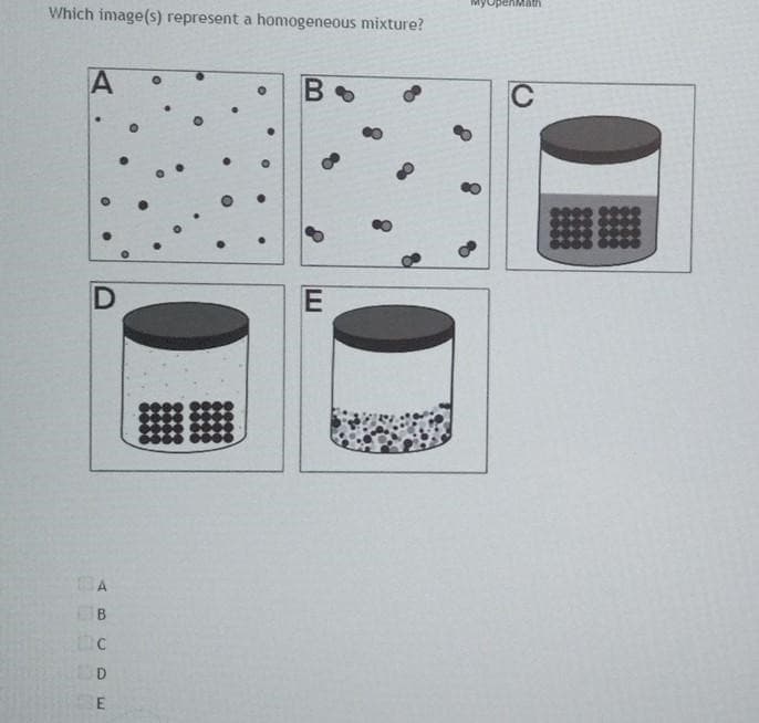 Which image(s) represent a homogeneous mixture?
A
D
A
В
с
D
E
О
Въ
E
OpenMath
С