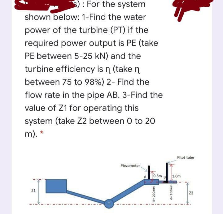 5): For the system
shown below: 1-Find the water
power of the turbine (PT) if the
required power output is PE (take
PE between 5-25 kN) and the
turbine efficiency is n (take n
between 75 to 98%) 2- Find the
flow rate in the pipe AB. 3-Find the
value of Z1 for operating this
system (take Z2 between O to 20
m). *
Pitot tube
Piezometer.
0.3m
1.0m
z1
22
T.
Id= 200mm
d= 100mm
