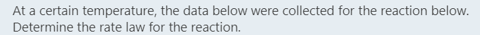 At a certain temperature, the data below were collected for the reaction below.
Determine the rate law for the reaction.
