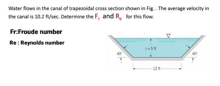 Water flows in the canal of trapezoidal cross section shown in Fig.. The average velocity in
the canal is 10.2 ft/sec. Determine the F, and R. for this flow.
Fr:Froude number
Re : Reynolds number
y = 5 ft
40°
40°
12 ft
