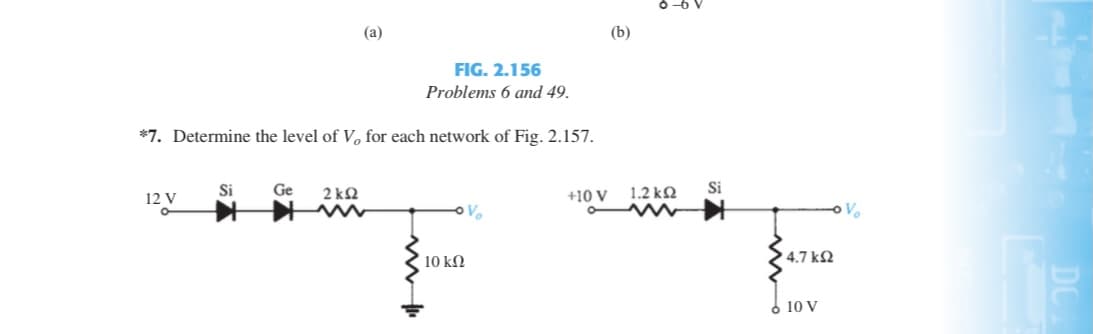 (a)
(b)
FIG. 2.156
Problems 6 and 49.
*7. Determine the level of V, for each network of Fig. 2.157.
Si
Ge
2 kQ
+10 V
1.2 kQ
Si
12 V
Vo
10 kΩ
4.7 kN
6 10 V
DC
