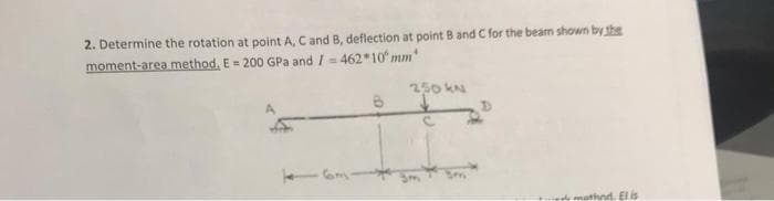 2. Determine the rotation at point A, Cand B, deflection at point B and C for the beam shown by the
moment-area method, E = 200 GPa and / = 462 10 mm
250 kN
mathnd. El is
