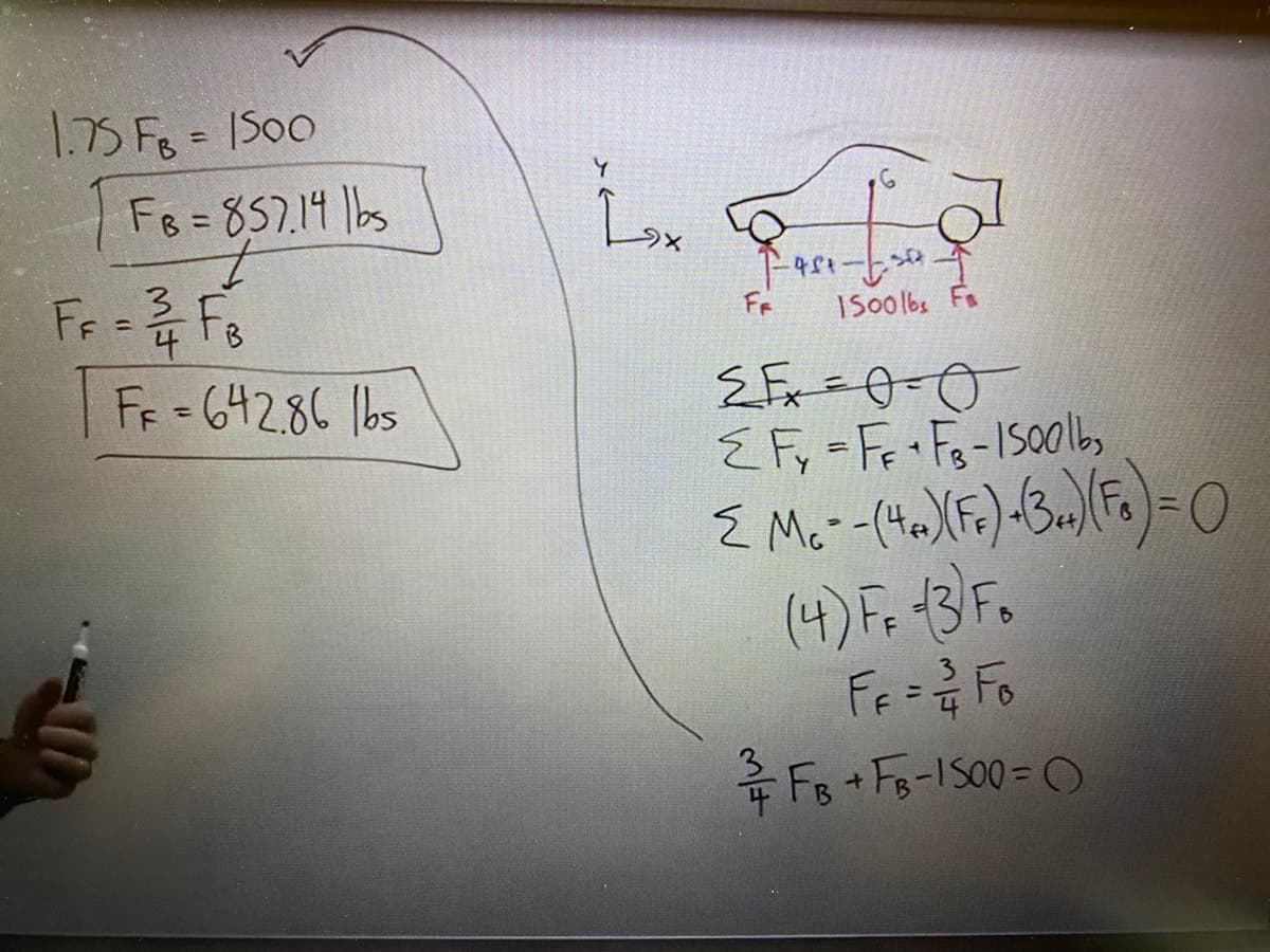 1.75 Fo = 1S00
%3D
FB = 857.14 |bs
Lox
Pase-
Fo
Fr
ISoolbs Fa
나
Ff =642.86 lbs
%3D
E Fy =Fr Fg-150016by
(4) F. +3}F,
Fr=Fo
유 Fs + Fs-IS00= O
3
