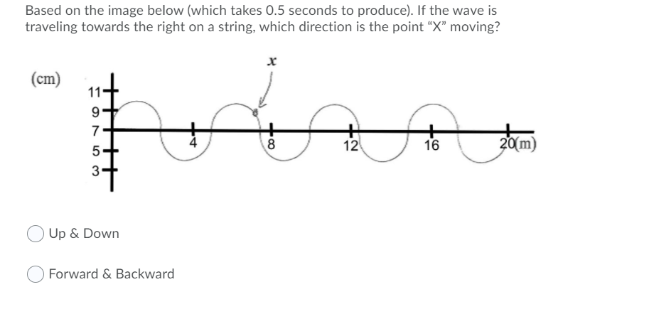 Based on the image below (which takes 0.5 seconds to produce). If the wave is
traveling towards the right on a string, which direction is the point “X" moving?
(cm)
9.
7
4
8
12
16
20(m)
5-
3
Up & Down
Forward & Backward
