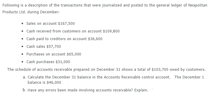 Following is a description of the transactions that were journalized and posted to the general ledger of Neapolitan
Products Ltd. during December:
• Sales on account $167,500
• Cash received from customers on account $109,800
• Cash paid to creditors on account $36,600
• Cash sales $57,700
• Purchases on account $65,000
Cash purchases $31,000
The schedule of accounts receivable prepared on December 31 shows a total of $103,700 owed by customers.
a. Calculate the December 31 balance in the Accounts Receivable control account. The December 1
balance is $46,000
b. Have any errors been made involving accounts receivable? Explain.
