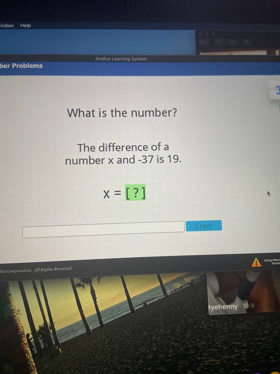 **Title: Solving for the Unknown Number**

**Problem Statement:**

**What is the number?**

The difference of a number \( x \) and -37 is 19.

**Mathematical Expression:**

\[ x - (-37) = 19 \]

\[ x + 37 = 19 \]

To solve for \( x \), subtract 37 from both sides:

\[ x = 19 - 37 \]

\[ x = -18 \]

**Solution:**

The number \( x \) is \(-18\).

**Explanation:**

When we subtract a negative number, it is equivalent to adding the positive counterpart of that number. Therefore, \( x - (-37) \) becomes \( x + 37 \). This equation is solved by isolating \( x \), resulting in \( x = -18 \).

**Interactive Element:**

Users are prompted to enter their solution to check their understanding.