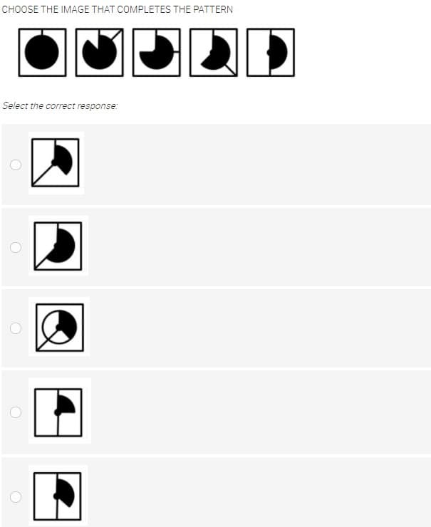 CHOOSE THE IMAGE THAT COMPLETES THE PATTERN
OUUDD
Select the correct response:
