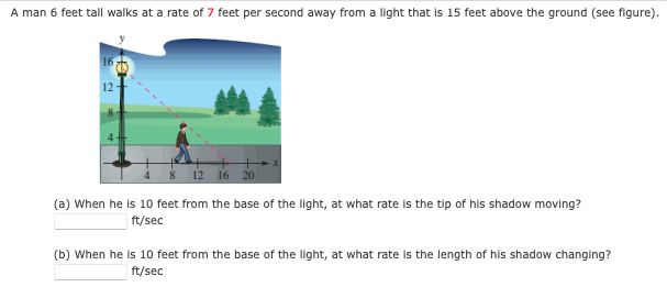 A man 6 feet tall walks at a rate of 7 feet per second away from a light that is 15 feet above the ground (see figure).
12
12 16 20
(a) When he is 10 feet from the base of the light, at what rate is the tip of his shadow moving?
ft/sec
(b) When he is 10 feet from the base of the light, at what rate is the length
shadow changing?
ft/sec
