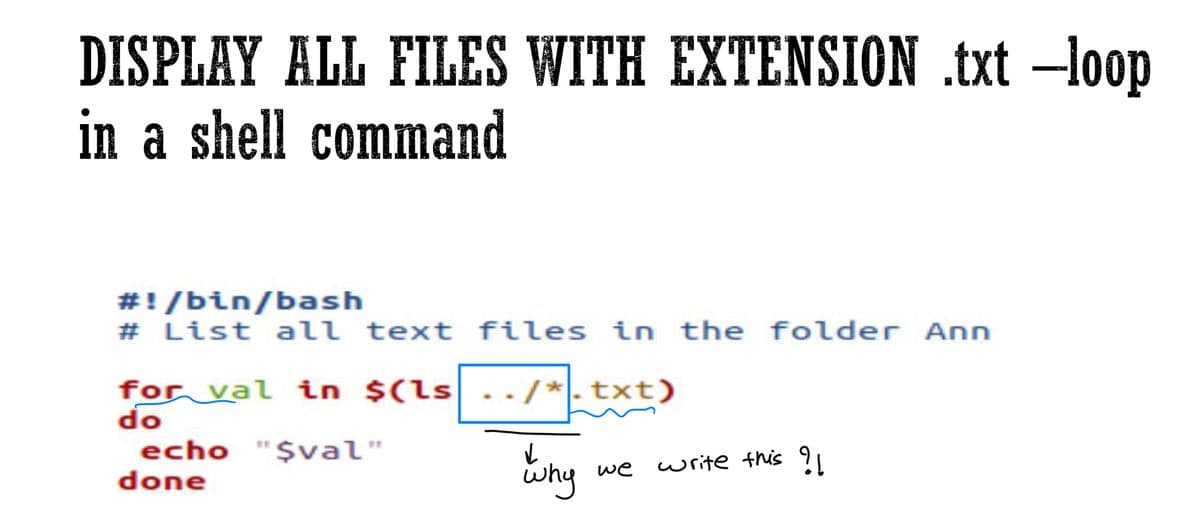 DISPLAY ALL FILES WITH EXTENSION .txt -loop
in a shell command
#!/bin/bash
# List all text files in the folder Ann
for val in $(1s ../*.txt)
do
echo "$val"
done
✓
why
we
write this !!