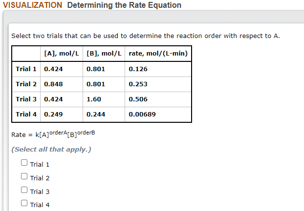 VISUALIZATION Determining the Rate Equation
Select two trials that can be used to determine the reaction order with respect to A.
[A], mol/L [B], mol/L rate, mol/(L-min)
Trial 1
0.424
0.801
0.126
Trial 2 0.848
0.801
0.253
Trial 3 0.424
1.60
0.506
Trial 4
0.249
0.244
0.00689
Rate = k[A]orderA[B]orderB
(Select all that apply.)
Trial 1
Trial 2
Trial 3
Trial 4
