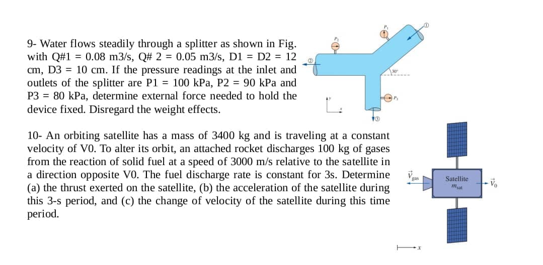 9- Water flows steadily through a splitter as shown in Fig.
with Q#10.08 m3/s, Q# 2 = 0.05 m3/s, D1 = D2 = 12
cm, D3 10 cm. If the pressure readings at the inlet and
outlets of the splitter are P1 = 100 kPa, P2 = 90 kPa and
P3 80 kPa, determine external force needed to hold the
device fixed. Disregard the weight effects.
10- An orbiting satellite has a mass of 3400 kg and is traveling at a constant
velocity of V0. To alter its orbit, an attached rocket discharges 100 kg of gases
from the reaction of solid fuel at a speed of 3000 m/s relative to the satellite in
a direction opposite V0. The fuel discharge rate is constant for 3s. Determine
(a) the thrust exerted on the satellite, (b) the acceleration of the satellite during
this 3-s period, and (c) the change of velocity of the satellite during this time
period.
Satellite
msat
Vo