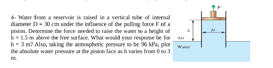 4- Water from a reservoir is raised in a vertical tube of internal
diameter D = 30 cm under the influence of the pulling force F of a
piston. Determine the force needed to raise the water to a height of
h = 1.5 m above the free surface. What would your response be for
h = 3 m? Also, taking the atmospheric pressure to be 96 kPa, plot
the absolute water pressure at the piston face as h varies from 0 to 3
m.
Air
h
Water
D