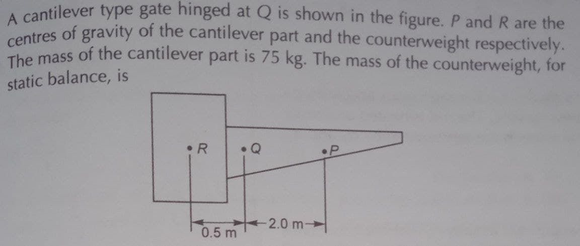 A cantilever type gate hinged at Q is shown in the figure. P and R are the
centres of gravity of the cantilever part and the counterweight respectively.
The mass of the cantilever part is 75 kg. The mass of the counterweight, for
static balance, is
R
0.5 m
-2.0 m
P