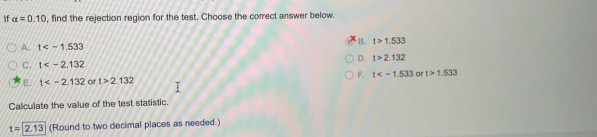 If a = 0.10, find the rejection region for the test. Choose the correct answer below.
O A. t< - 1.533
B. t>1.533
O C. t< -2.132
O D. t>2.132
E. t< -2.132 or t> 2.132
OF. t< -1.533 or t> 1.533
Calculate the value of the test statistic.
t= 2.13 (Round to two decimal places as needed.)
