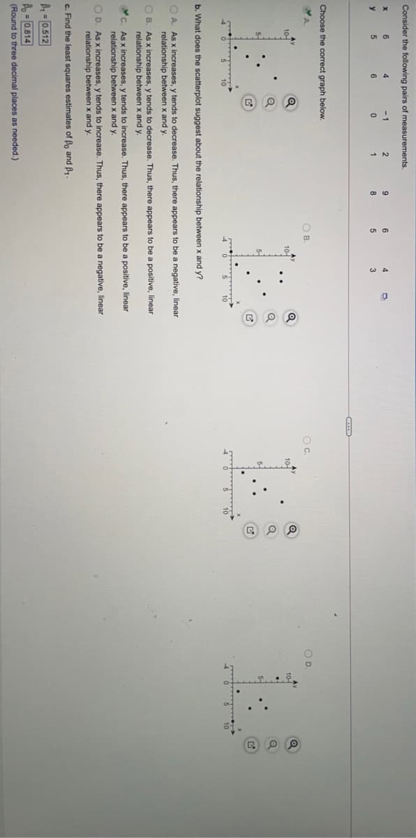 Consider the following pairs of measurements.
6
4
6
4
y
5
6
1
8
5
3
Choose the correct
below.
OB.
OC.
OD.
10-
b. What does the scatterplot suggest about the relationship between x and y?
O A. As x increases, y tends to decrease. Thus, there appears to be a negative, linear
relationship between x and y
O B. As x increases, y tends to decrease. Thus, there appears to be a positive, linear
relationship between x and y.
As x increases, y tends to increase. Thus, there appears to be a positive, linear
relationship between x and y.
O D. As x increases, y tends to increase. Thus, there appears to be a negative, linear
relationship between x and y.
c. Find the least squares estimates of Bo and B,
B = 0.512
Bn = 0.814
(Round to three decimal places as needed.)
