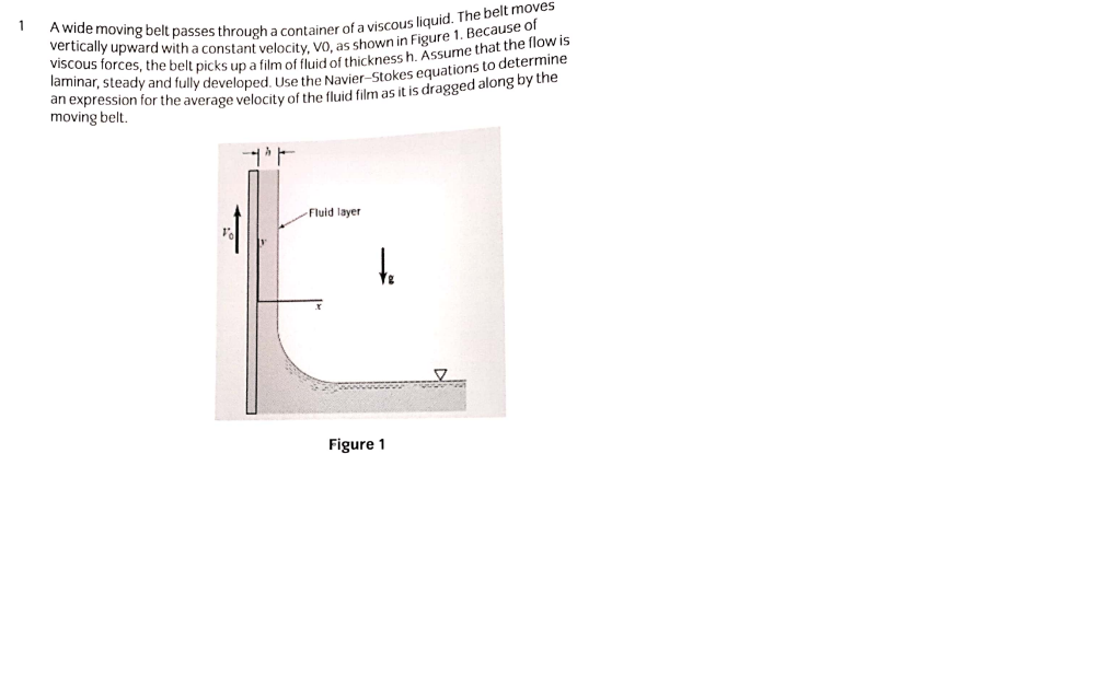 1
an expression for the average velocity of the fluid film as it is dragged along by the
moving belt,
Fluid layer
Figure 1
