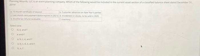 Planning Wizards, LLC is an event-planning company. Which of the following would be included in the current asset section of a classified balance sheet dated December 31,
2019?
a 15-month certificate of deposit
b. Customer advances on New Year's parties
c. Last month rent payment dease expires in 2021) d. Investment in stocks, to be sold in 2020
Income tax refund receivable
inventory
Select one
Ode, and f
e and fi
a, b, ce, and f
a, b, c, d, e, and f
O
O bef