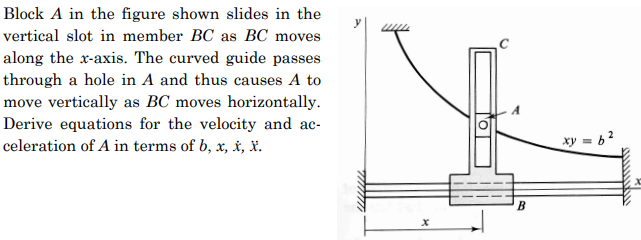 Block A in the figure shown slides in the
vertical slot in member BC as BC moves
along the x-axis. The curved guide passes
through a hole in A and thus causes A to
move vertically as BC moves horizontally.
Derive equations for the velocity and ac-
celeration of A in terms of b, x, X, X.
B
xy
2
:6²
wwwwwwww
