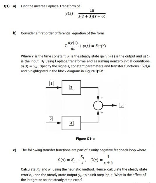 Q1) a) Find the inverse Laplace Transform of
18
y(s) =
s(s + 3)(s + 6)
b) Consider a first order differential equation of the form
2+ y(t) = Ku(t)
dt
Where T is the time constant, K is the steady state gain, y(t) is the output and u(t)
is the input. By using Laplace transforms and assuming nonzero initial conditions
y(0) = yo Specify the signals, constant parameters and transfer functions 1,2,3,4
and 5 highlighted in the block diagram in Figure Q1-b.
1
3
5
2
Figure Q1-b
c) The following transfer functions are part of a unity negative feedback loop where
1
C(s) = K, +, G(s)
+ + s
Calculate K, and K, using the heuristic method. Hence, calculate the steady state
error es and the steady state output y,s to a unit step input. What is the effect of
the integrator on the steady state error?
