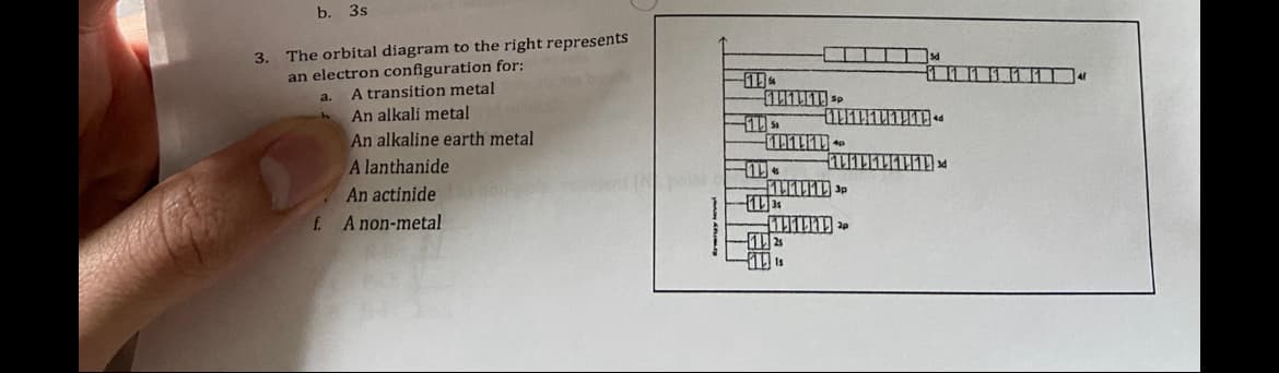 b. 3s
3. The orbital diagram to the right represents
an electron configuration for:
a.
A transition metal
An alkali metal
An alkaline earth metal
A lanthanide
An actinides nou jo
f. A non-metal
นาน 10
11
11.11 0.4
11110
МИТНИ 3P
13
125
P