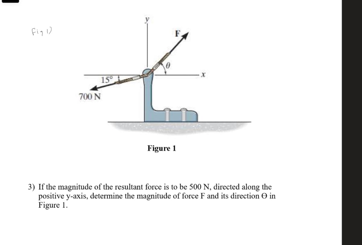 fig I)
F.
15
700 N
Figure 1
3) If the magnitude of the resultant force is to be 500 N, directed along the
positive y-axis, determine the magnitude of force F and its direction O in
Figure 1.
