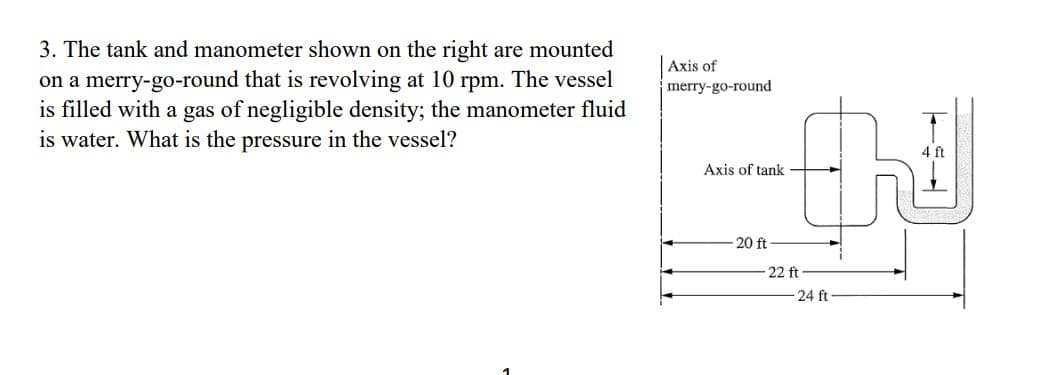 3. The tank and manometer shown on the right are mounted
on a merry-go-round that is revolving at 10 rpm. The vessel
is filled with a gas of negligible density; the manometer fluid
is water. What is the pressure in the vessel?
Axis of
merry-go-round
Axis of tank
20 ft
22 ft
-24 ft
4 ft
th