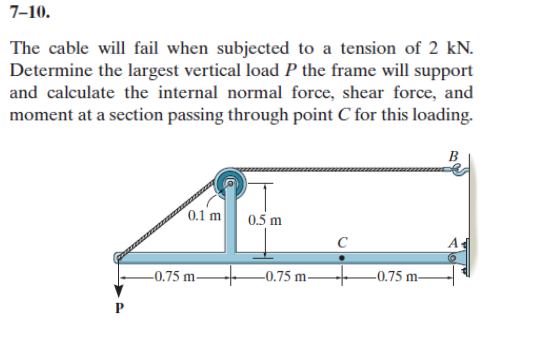 7-10.
The cable will fail when subjected to a tension of 2 kN.
Determine the largest vertical load P the frame will support
and calculate the internal normal force, shear force, and
moment at a section passing through point C for this loading.
B
0.1 m
0.5 m
C
-0.75 m-
-0.75 m
-0.75 m-
P
