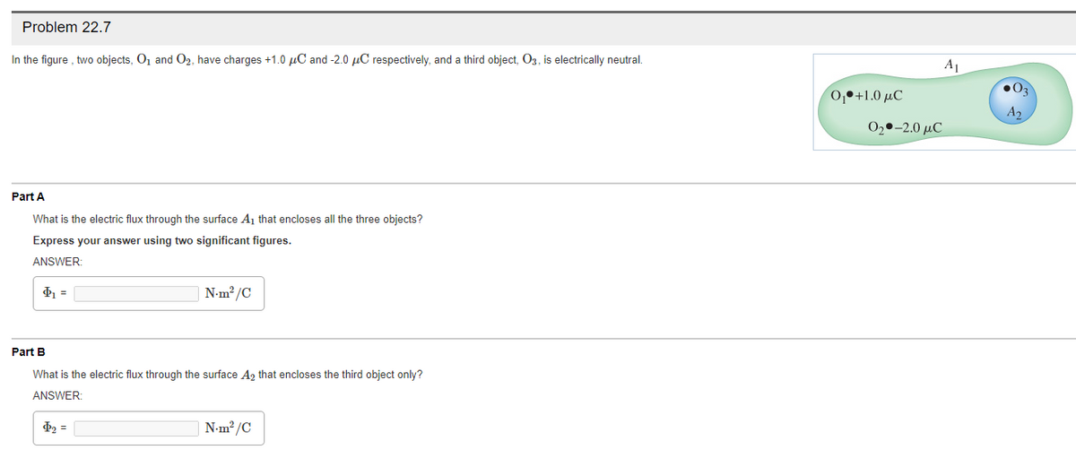 Problem 22.7
In the figure , two objects, O1 and 02, have charges +1.0 µC and -2.0 µC respectively, and a third object, 03, is electrically neutral.
A1
•03
0,+1.0 µC
A2
02•-2.0 µC
Part A
What is the electric flux through the surface A1 that encloses all the three objects?
Express your answer using two significant figures.
ANSWER:
=
N-m? /C
Part B
What is the electric flux through the surface A2 that encloses the third object only?
ANSWER:
d2 =
N-m? /C
