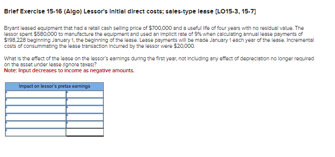 Brief Exercise 15-16 (Algo) Lessor's Initial direct costs; sales-type lease [LO15-3, 15-7]
Bryant leased equipment that had a retall cash selling price of $700,000 and a useful life of four years with no residual value. The
lessor spent $580,000 to manufacture the equipment and used an implicit rate of 9% when calculating annual lease payments of
$198.228 beginning January 1, the beginning of the lease. Lease payments will be made January 1 each year of the lease. Incremental
costs of consummating the lease transaction incurred by the lessor were $20,000.
What is the effect of the lease on the lessor's earnings during the first year, not including any effect of depreciation no longer required
on the asset under lease (Ignore taxes)?
Note: Input decreases to Income as negative amounts.
Impact on lessor's pretax earnings