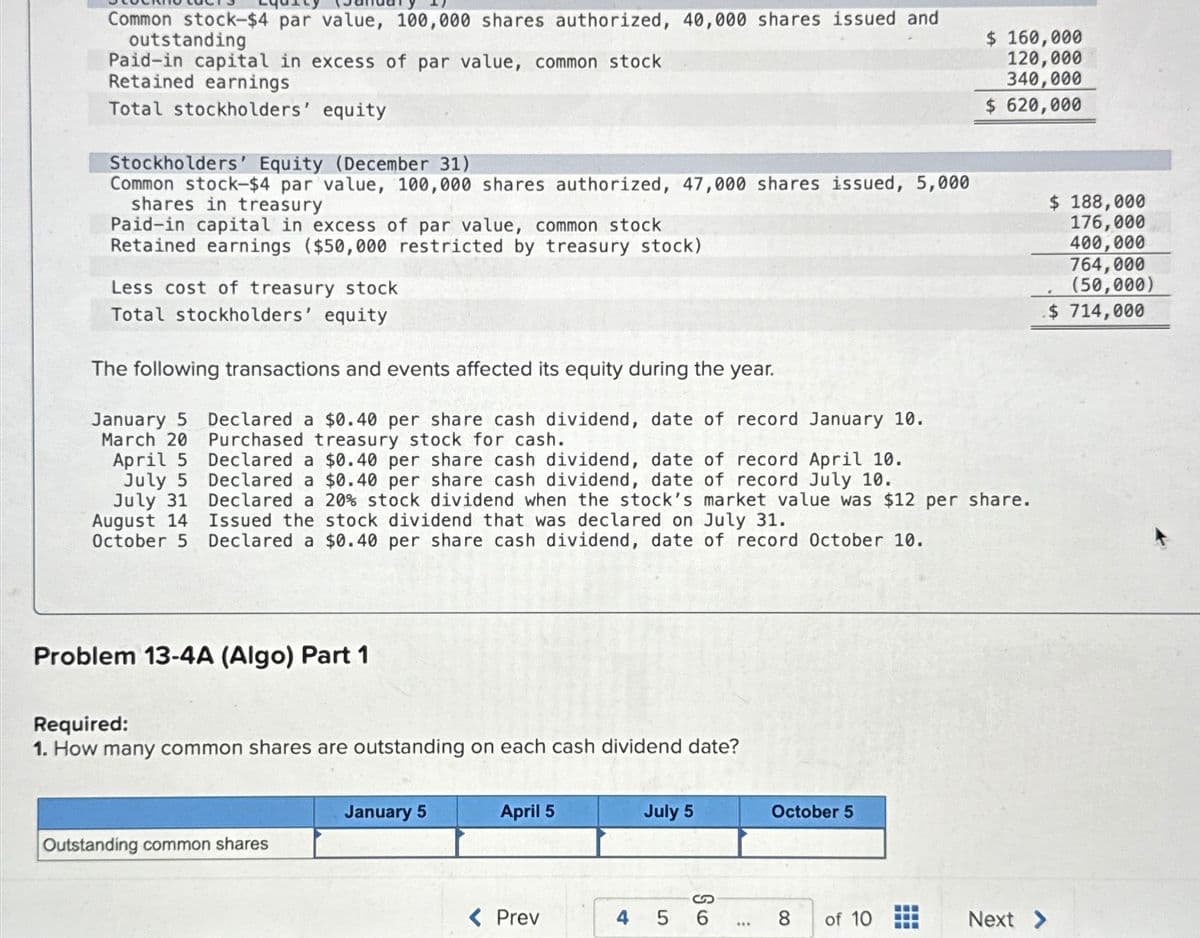 Common stock-$4 par value, 100,000 shares authorized, 40,000 shares issued and
outstanding
Paid-in capital in excess of par value, common stock
Retained earnings
Total stockholders' equity
Stockholders' Equity (December 31)
Common stock-$4 par value, 100,000 shares authorized, 47,000 shares issued, 5,000
shares in treasury
Paid-in capital in excess of par value, common stock
Retained earnings ($50,000 restricted by treasury stock)
Less cost of treasury stock
Total stockholders' equity
The following transactions and events affected its equity during the year.
January 5 Declared a $0.40 per share cash dividend, date of record January 10.
March 20 Purchased treasury stock for cash.
April 5
July 5
Declared a $0.40 per share cash dividend, date of record April 10.
Declared a $0.40 per share cash dividend, date of record July 10.
July 31 Declared a 20% stock dividend when the stock's market value was $12 per share.
August 14 Issued the stock dividend that was declared on July 31.
October 5 Declared a $0.40 per share cash dividend, date of record October 10.
Problem 13-4A (Algo) Part 1
Required:
1. How many common shares are outstanding on each cash dividend date?
Outstanding common shares
January 5
April 5
< Prev
July 5
4 5
S
6
October 5
8
160,000
120,000
340,000
$ 620,000
of 10
Next >
$ 188,000
176,000
400,000
764,000
(50,000)
$ 714,000