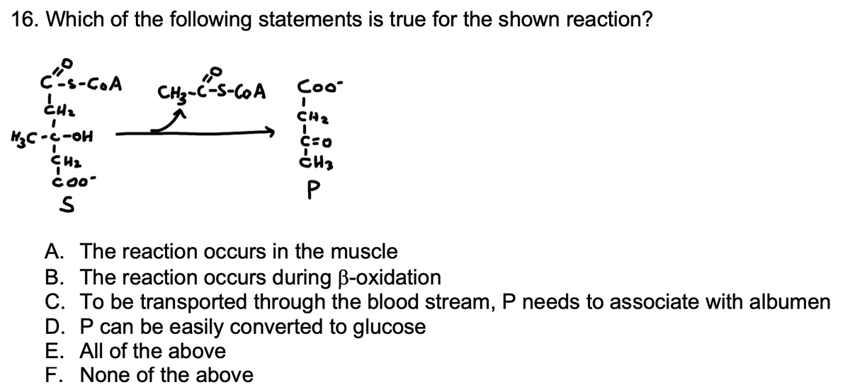 16. Which of the following statements is true for the shown reaction?
C-S-COA
CH₂
H₂C-C-OH
CH₂
COO
S
CH3-C-S-COA
Coo
I
CH₂
I
C=0
CH3
P
A. The reaction occurs in the muscle
B. The reaction occurs during ß-oxidation
C. To be transported through the blood stream, P needs to associate with albumen
D. P can be easily converted to glucose
E. All of the above
F. None of the above