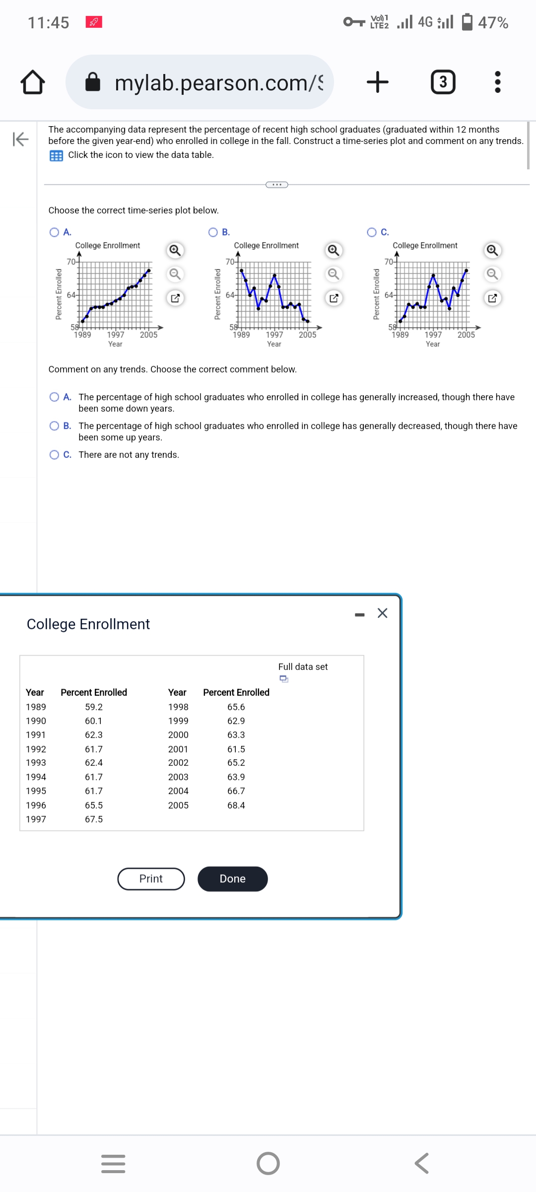 11:45
mylab.pearson.com/
+3
K
The accompanying data represent the percentage of recent high school graduates (graduated within 12 months
before the given year-end) who enrolled in college in the fall. Construct a time-series plot and comment on any trends.
Click the icon to view the data table.
Year
1989
1990
1991
1992
1993
Choose the correct time-series plot below.
O A.
1994
1995
1996
1997
Percent Enrolled
College Enrollment
70+
64-
58
1989
College Enrollment
1997 2005
Year
Percent Enrolled
59.2
60.1
62.3
61.7
62.4
61.7
61.7
65.5
67.5
|||
Percent Enrolled
Comment on any trends. Choose the correct comment below.
=
B.
Print
College Enrollment
Year
1998
1999
2000
2001
2002
2003
2004
2005
70-
64+
58
1989
Percent Enrolled
65.6
62.9
63.3
1997
Year
O A. The percentage of high school graduates who enrolled in college has generally increased, though there have
been some down years.
61.5
65.2
m
OB. The percentage of high school graduates who enrolled in college has generally decreased, though there have
been some up years.
OC. There are not any trends.
63.9
66.7
68.4
Done
2005
Vol) 1
LTE 4G 47%
O
Full data set
D
Percent Enrolled
C.
College Enrollment
4
70-
64+
58
1989
AN
X
1997 2005
Year
:
Q