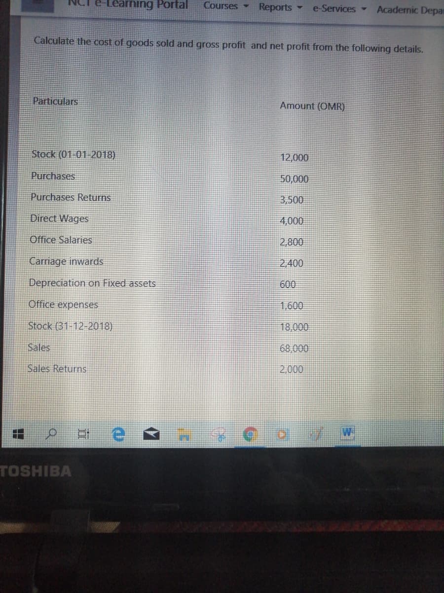 Learning Portal
Courses -
Reports
e-Services -
Acadernic Depar
Calculate the cost of goods sold and gross profit and net profit from the following details.
Particulars
Amount (OMR)
Stock (01-01-2018)
12,000
Purchases
50,000
Purchases Returns
3,500
Direct Wages
4,000
Office Salaries
2,800
Carriage inwards
2,400
Depreciation on Fixed assets
600
Office expenses
1,600
Stock (31-12-2018)
18,000
Sales
68,000
Sales Returns
2.000
TOSHIBA
