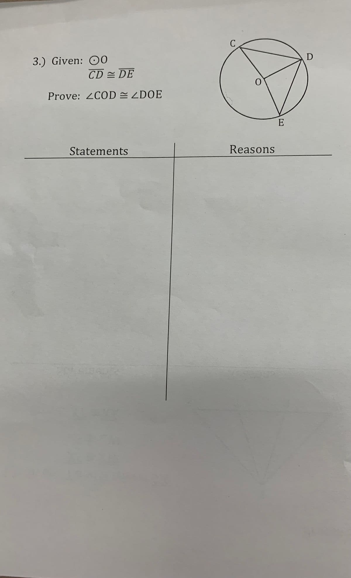 **Geometry Proof Exercise**

**Problem:**

Given:
- Circle O
- CD ≅ DE

Prove: ∠COD ≅ ∠DOE

**Diagram Description:**

The diagram shows a circle with center O. Points C, D, and E are on the circumference of the circle. Two chords, CD and DE, are drawn such that CD is congruent to DE. The angles ∠COD and ∠DOE are created by these chords intersecting at point O.

**Proof Table:**

| Statements      | Reasons       |
|-----------------|---------------|
|                 |               |
|                 |               |
|                 |               |
|                 |               |
