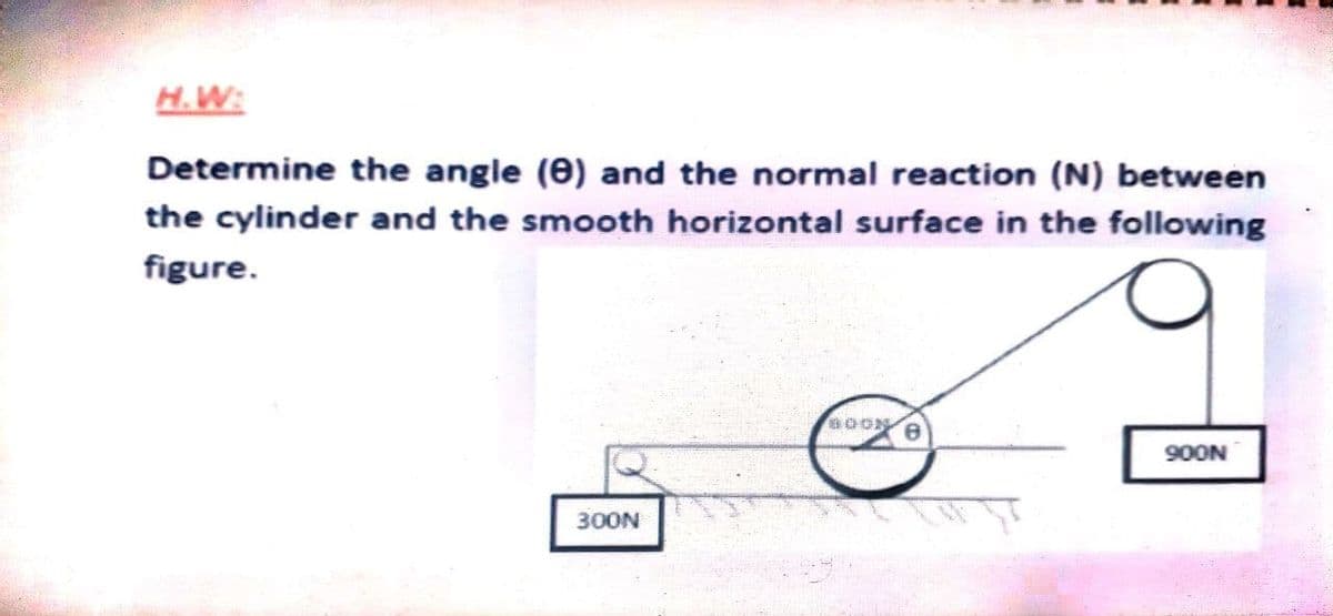 H.W:
Determine the angle (0) and the normal reaction (N) between
the cylinder and the smooth horizontal surface in the following
figure.
OON
900N
300N
