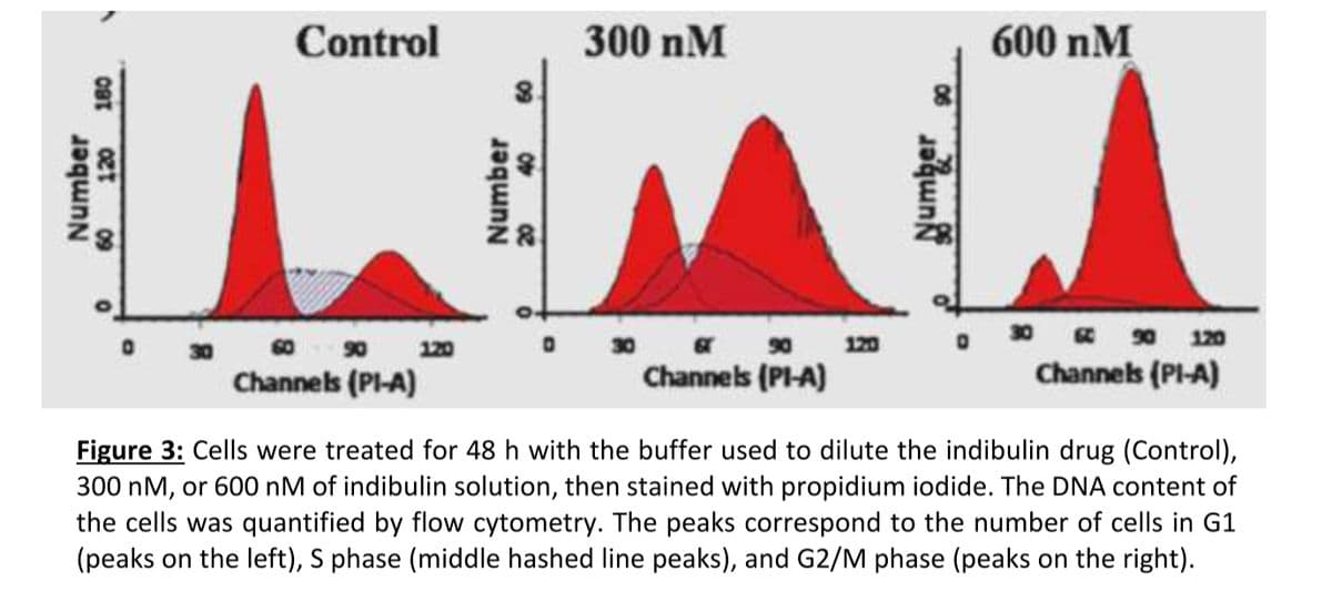 Control
300 nM
600 nM
0 90
Channels (PI-A)
O 30 r 90
Channels (PI-A)
30 E 90 120
Channeks (PI-A)
30
120
120
Figure 3: Cells were treated for 48 h with the buffer used to dilute the indibulin drug (Control),
300 nM, or 600 nM of indibulin solution, then stained with propidium iodide. The DNA content of
the cells was quantified by flow cytometry. The peaks correspond to the number of cells in G1
(peaks on the left), S phase (middle hashed line peaks), and G2/M phase (peaks on the right).
Number
09
Number
09
