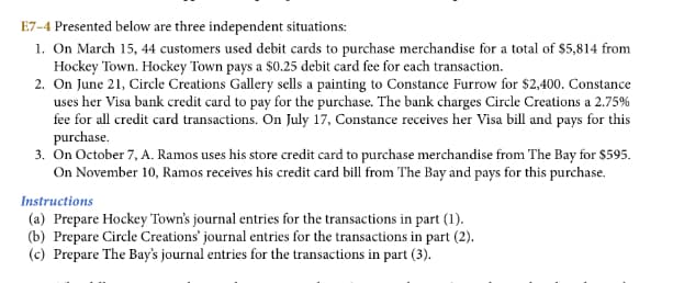 E7-4 Presented below are three independent situations:
1. On March 15, 44 customers used debit cards to purchase merchandise for a total of $5,814 from
Hockey Town. Hockey Town pays a $0.25 debit card fee for each transaction.
2. On June 21, Circle Creations Gallery sells a painting to Constance Furrow for $2,400. Constance
uses her Visa bank credit card to pay for the purchase. The bank charges Circle Creations a 2.75%
fee for all credit card transactions. On July 17, Constance receives her Visa bill and pays for this
purchase.
3. On October 7, A. Ramos uses his store credit card to purchase merchandise from The Bay for $595.
On November 10, Ramos receives his credit card bill from The Bay and pays for this purchase.
Instructions
(a) Prepare Hockey Town's journal entries for the transactions in part (1).
(b) Prepare Circle Creations' journal entries for the transactions in part (2).
(c) Prepare The Bay's journal entries for the transactions in part (3).