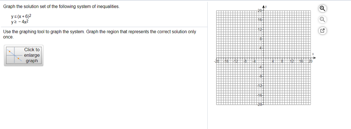 Graph the solution set of the following system of inequalities.
Ay
20-
ys(x + 6)2
y2 - 4x2
Use the graphing tool to graph the system. Graph the region that represents the correct solution only
once
Click to
enlarge
graph
