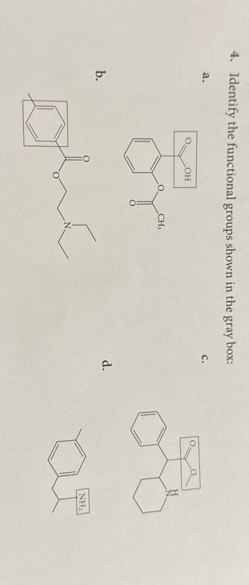 4. Identify the functional groups shown in the gray box:
a.
OH
CH3
Fy
the
C.
d.
R
NH₂