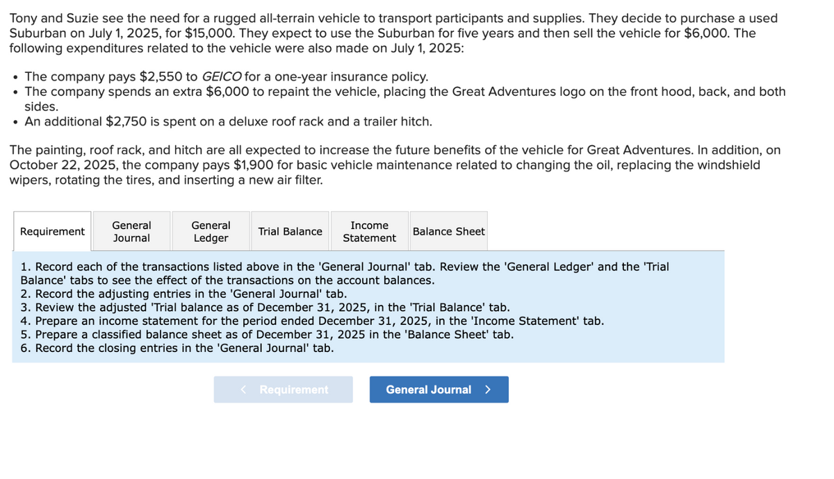 Tony and Suzie see the need for a rugged all-terrain vehicle to transport participants and supplies. They decide to purchase a used
Suburban on July 1, 2025, for $15,000. They expect to use the Suburban for five years and then sell the vehicle for $6,000. The
following expenditures related to the vehicle were also made on July 1, 2025:
• The company pays $2,550 to GEICO for a one-year insurance policy.
• The company spends an extra $6,000 to repaint the vehicle, placing the Great Adventures logo on the front hood, back, and both
sides.
• An additional $2,750 is spent on a deluxe roof rack and a trailer hitch.
The painting, roof rack, and hitch are all expected to increase the future benefits of the vehicle for Great Adventures. In addition, on
October 22, 2025, the company pays $1,900 for basic vehicle maintenance related to changing the oil, replacing the windshield
wipers, rotating the tires, and inserting a new air filter.
Requirement
General
Journal
General
Ledger
Trial Balance
Income
Statement
Balance Sheet
1. Record each of the transactions listed above in the 'General Journal' tab. Review the 'General Ledger' and the 'Trial
Balance' tabs to see the effect of the transactions on the account balances.
2. Record the adjusting entries in the 'General Journal' tab.
3. Review the adjusted 'Trial balance as of December 31, 2025, in the 'Trial Balance' tab.
4. Prepare an income statement for the period ended December 31, 2025, in the 'Income Statement' tab.
5. Prepare a classified balance sheet as of December 31, 2025 in the 'Balance Sheet' tab.
6. Record the closing entries in the 'General Journal' tab.
< Requirement
General Journal >