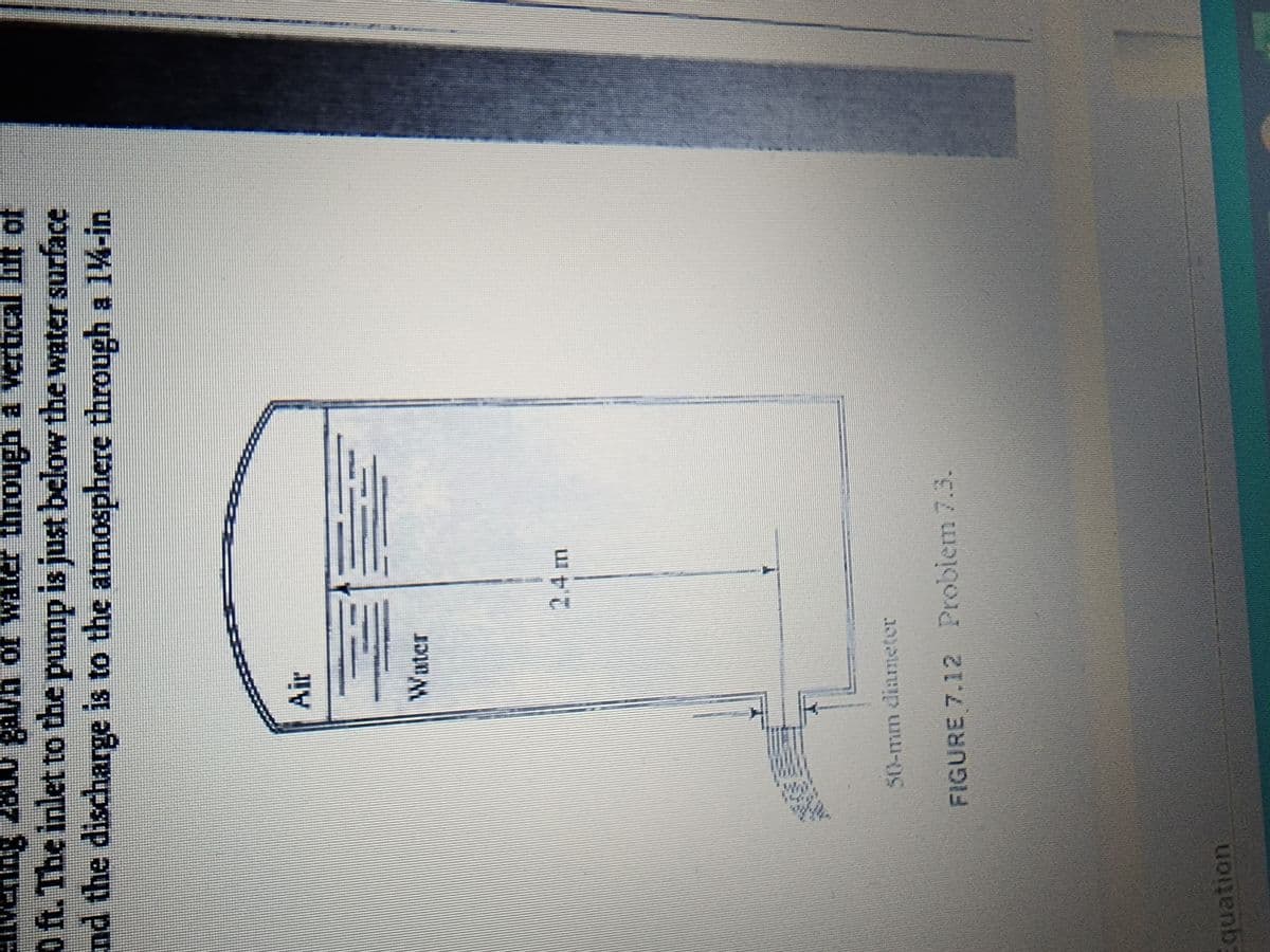 Flivering 2800 galh of water through a vertical lift of
O ft. The inlet to the pump is just below the water surface
and the discharge is to the atmosphere through a 14-in
Equation
Air
Water
50-mm diameter
FIGURE 7.12 Problem 7.3.