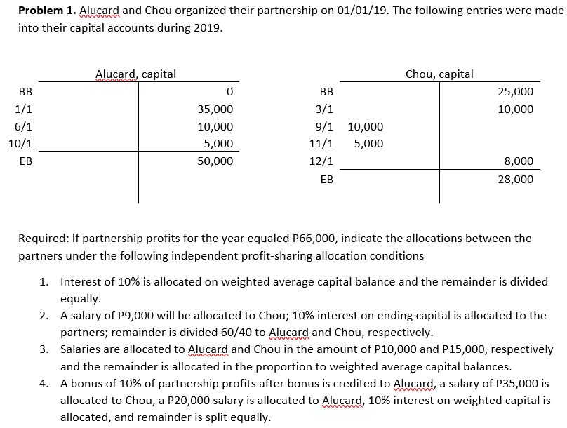 Problem 1. Alucard and Chou organized their partnership on 01/01/19. The following entries were made
into their capital accounts during 2019.
Alucard, capital
Chou, capital
BB
BB
25,000
1/1
35,000
3/1
10,000
6/1
10,000
9/1 10,000
10/1
5,000
11/1
5,000
ЕВ
50,000
12/1
8,000
ЕВ
28,000
Required: If partnership profits for the year equaled P66,000, indicate the allocations between the
partners under the following independent profit-sharing allocation conditions
1. Interest of 10% is allocated on weighted average capital balance and the remainder is divided
equally.
2. A salary of P9,000 will be allocated to Chou; 10% interest on ending capital is allocated to the
partners; remainder is divided 60/40 to Alucard and Chou, respectively.
3. Salaries are allocated to Alucard and Chou in the amount of P10,000 and P15,000, respectively
and the remainder is allocated in the proportion to weighted average capital balances.
4. A bonus of 10% of partnership profits after bonus is credited to Alucard, a salary of P35,000 is
allocated to Chou, a P20,000 salary is allocated to Alucard, 10% interest on weighted capital is
www
allocated, and remainder is split equally.
