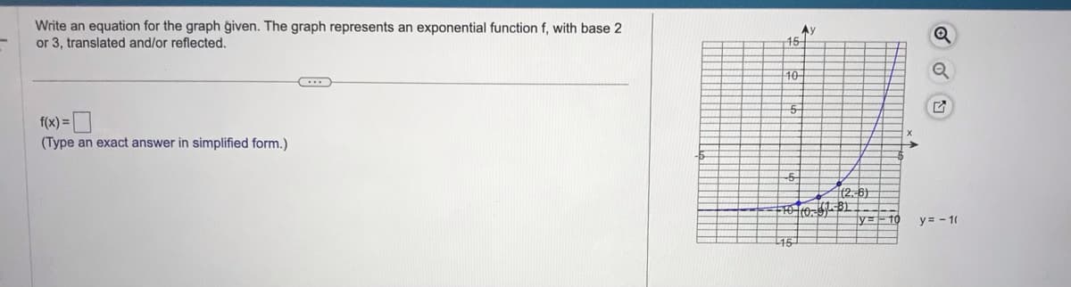 Write an equation for the graph given. The graph represents an exponential function f, with base 2
or 3, translated and/or reflected.
f(x) =
(Type an exact answer in simplified form.)
C
15
10
5
Ay
-5
(2.-6)
10/10-61-81
Q
y=-1(