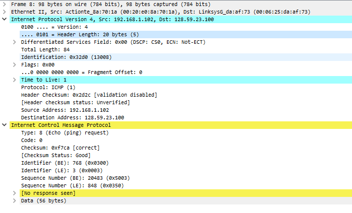 Frame 8: 98 bytes on wire (784 bits), 98 bytes captured (784 bits)
> Ethernet II, Src: Actionte_sa:70:1a (00:20:e0:8a:70:1a), Dst: LinksysG_da:af:73 (00:06:25:da:af:73)
✓ Internet Protocol Version 4, Src: 192.168.1.102, Dst: 128.59.23.100
0100
Version: 4
.... 0101 = Header Length: 20 bytes (5)
> Differentiated Services Field: exee (DSCP: CSØ, ECN: Not-ECT)
Total Length: 84
Identification: 0x32de (13008)
> Flags: exee
...e eeee eeee eeee = Fragment offset: 0
> Time to Live: 1
Protocol: ICMP (1)
Header Checksum: ex2d2c [validation disabled]
[Header checksum status: Unverified]
Source Address: 192.168.1.102
Destination Address: 128.59.23.100
Internet Control Message Protocol
Type: 8 (Echo (ping) request)
Code: 0
Checksum: exf7ca [correct]
[Checksum Status: Good]
Identifier (BE): 768 (0x0300)
Identifier (LE): 3 (0x0003)
Sequence Number (BE): 20483 (0x5003)
Sequence Number (LE): 848 (0x0350)
> [No response seen]
> Data (56 bytes)