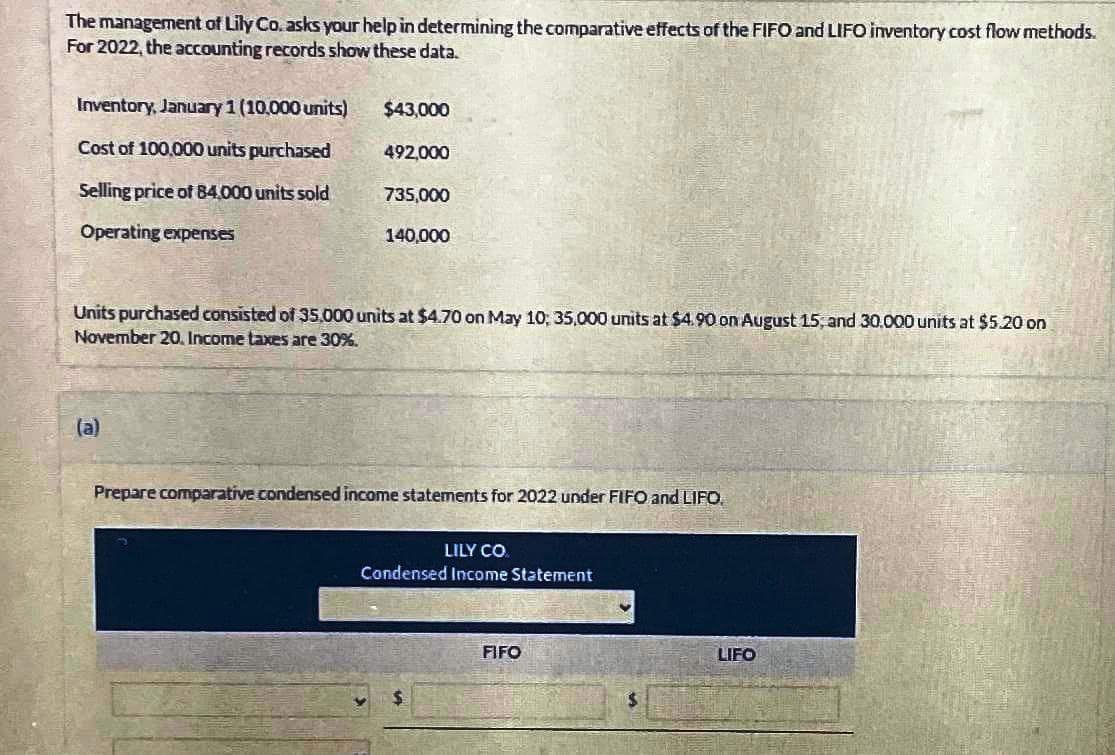 The management of Lily Co. asks your help in determining the comparative effects of the FIFO and LIFO inventory cost flow methods.
For 2022, the accounting records show these data.
Inventory, January 1 (10,000 units)
Cost of 100,000 units purchased
Selling price of 84,000 units sold
Operating expenses
$43,000
(a)
492,000
735,000
140,000
Units purchased consisted of 35,000 units at $4.70 on May 10, 35,000 units at $4.90 on August 15, and 30.000 units at $5.20 on
November 20, Income taxes are 30%.
Prepare comparative condensed income statements for 2022 under FIFO and LIFO.
LILY CO
Condensed Income Statement
FIFO
LIFO